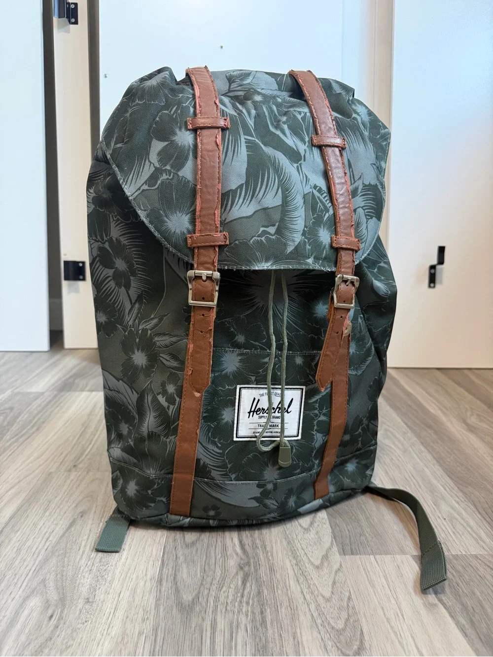 Herschel Supply Company Floral Print Backpack in Dark Green with Brown Straps